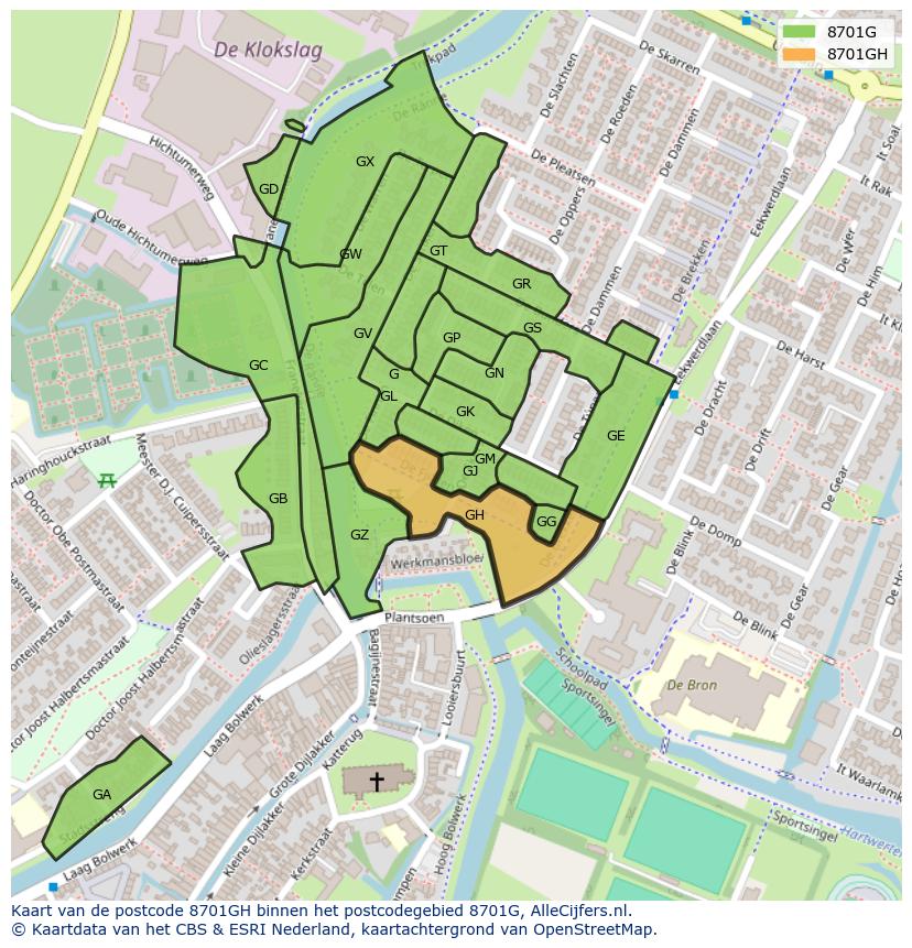 Afbeelding van het postcodegebied 8701 GH op de kaart.