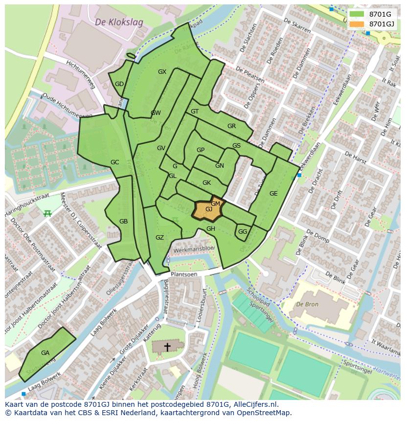Afbeelding van het postcodegebied 8701 GJ op de kaart.