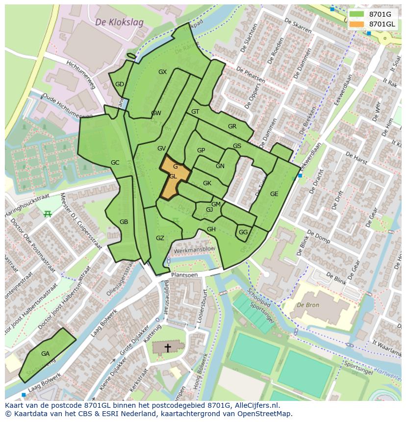 Afbeelding van het postcodegebied 8701 GL op de kaart.