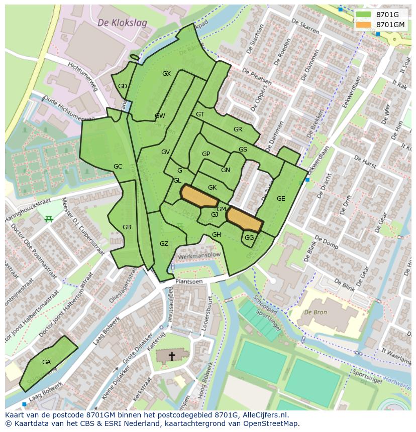 Afbeelding van het postcodegebied 8701 GM op de kaart.