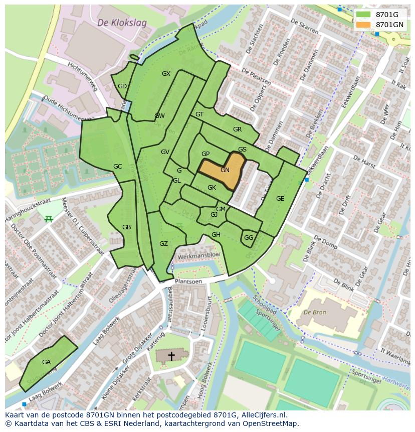 Afbeelding van het postcodegebied 8701 GN op de kaart.
