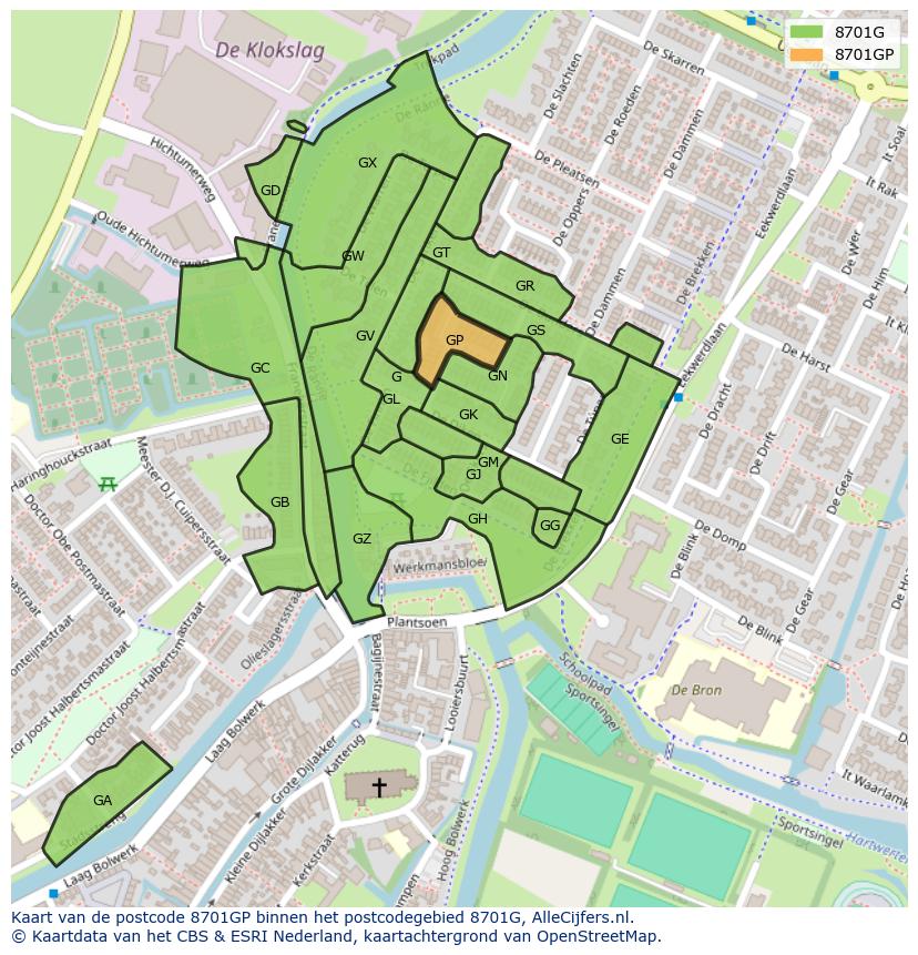 Afbeelding van het postcodegebied 8701 GP op de kaart.