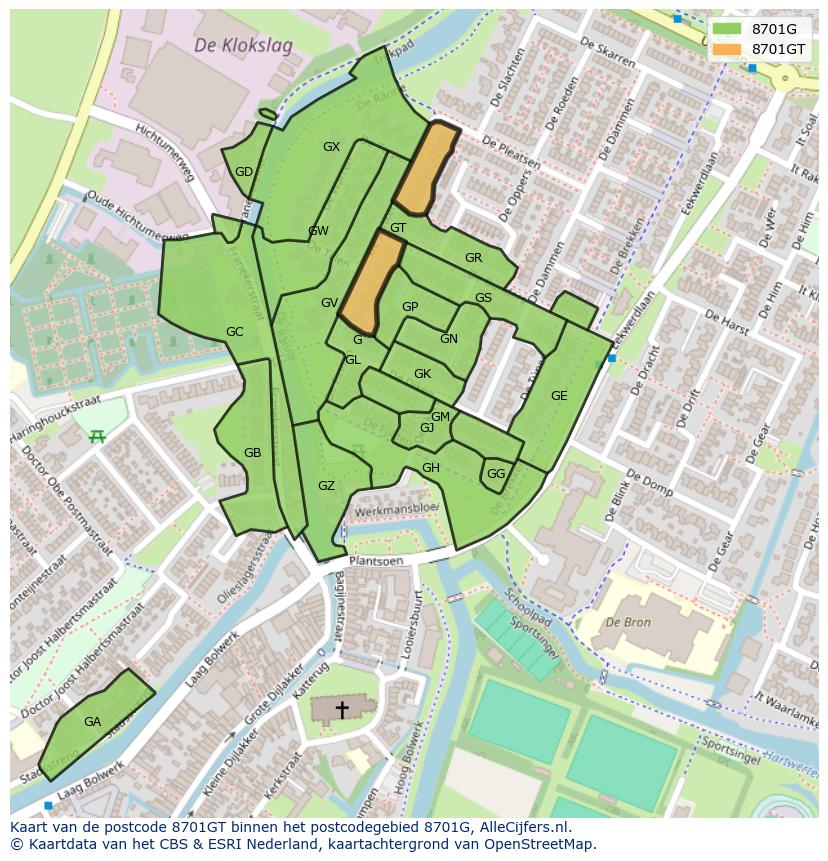 Afbeelding van het postcodegebied 8701 GT op de kaart.