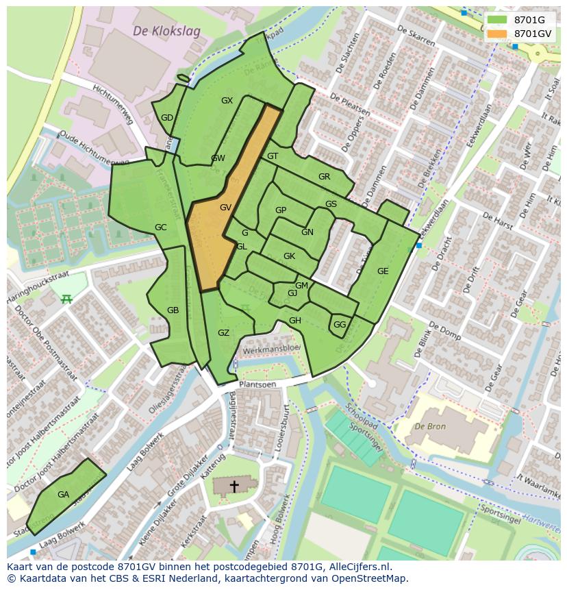 Afbeelding van het postcodegebied 8701 GV op de kaart.
