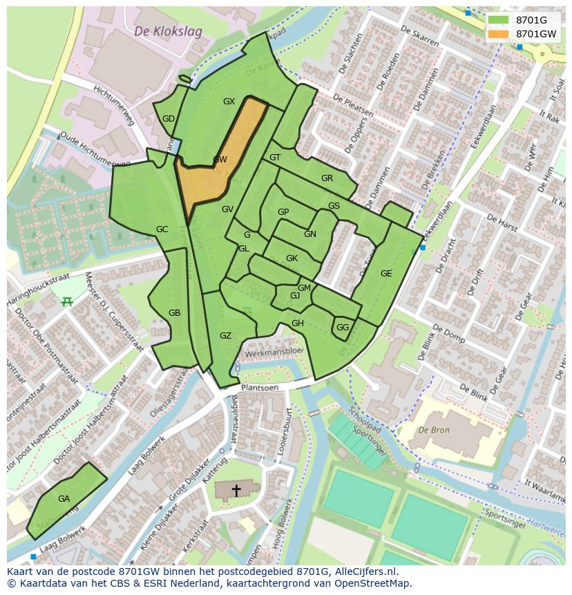 Afbeelding van het postcodegebied 8701 GW op de kaart.