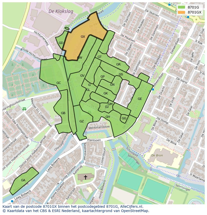 Afbeelding van het postcodegebied 8701 GX op de kaart.