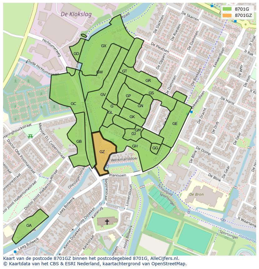 Afbeelding van het postcodegebied 8701 GZ op de kaart.