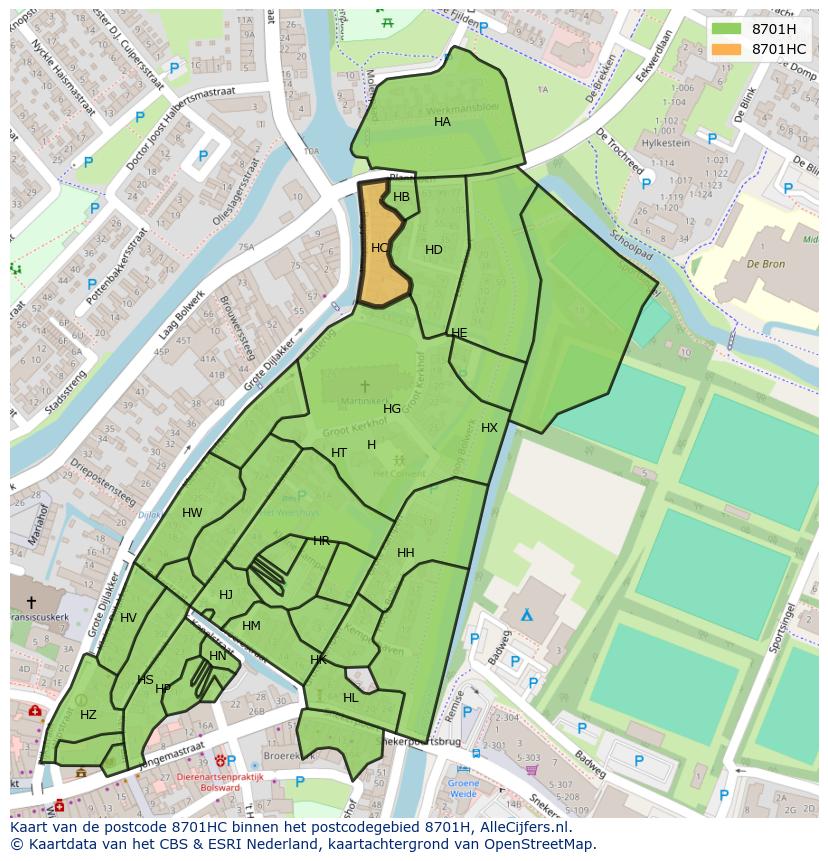 Afbeelding van het postcodegebied 8701 HC op de kaart.