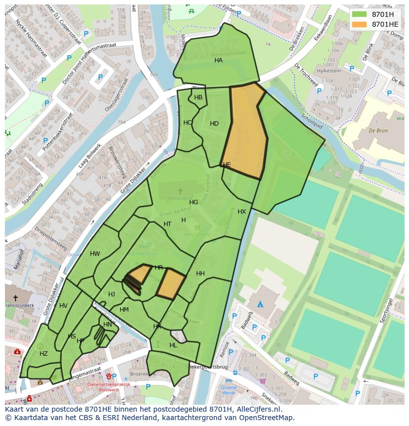 Afbeelding van het postcodegebied 8701 HE op de kaart.