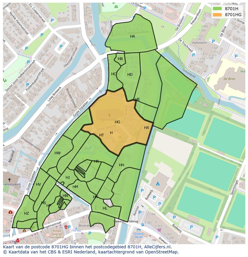 Afbeelding van het postcodegebied 8701 HG op de kaart.
