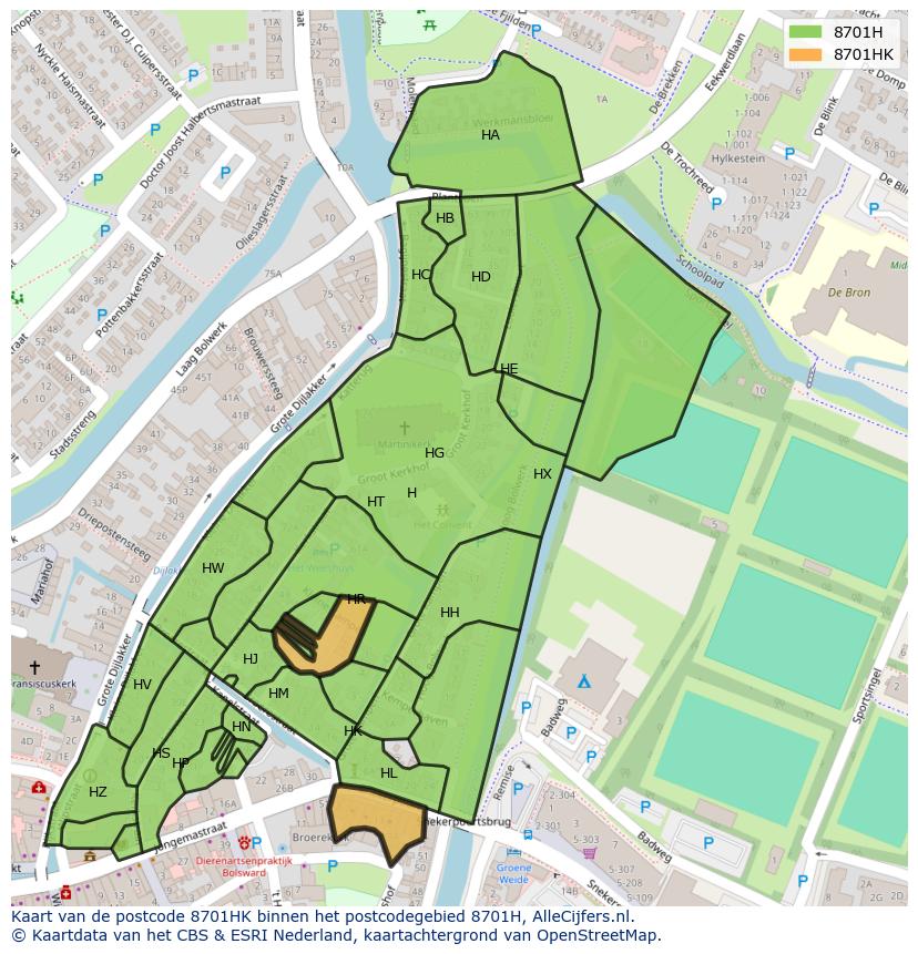 Afbeelding van het postcodegebied 8701 HK op de kaart.
