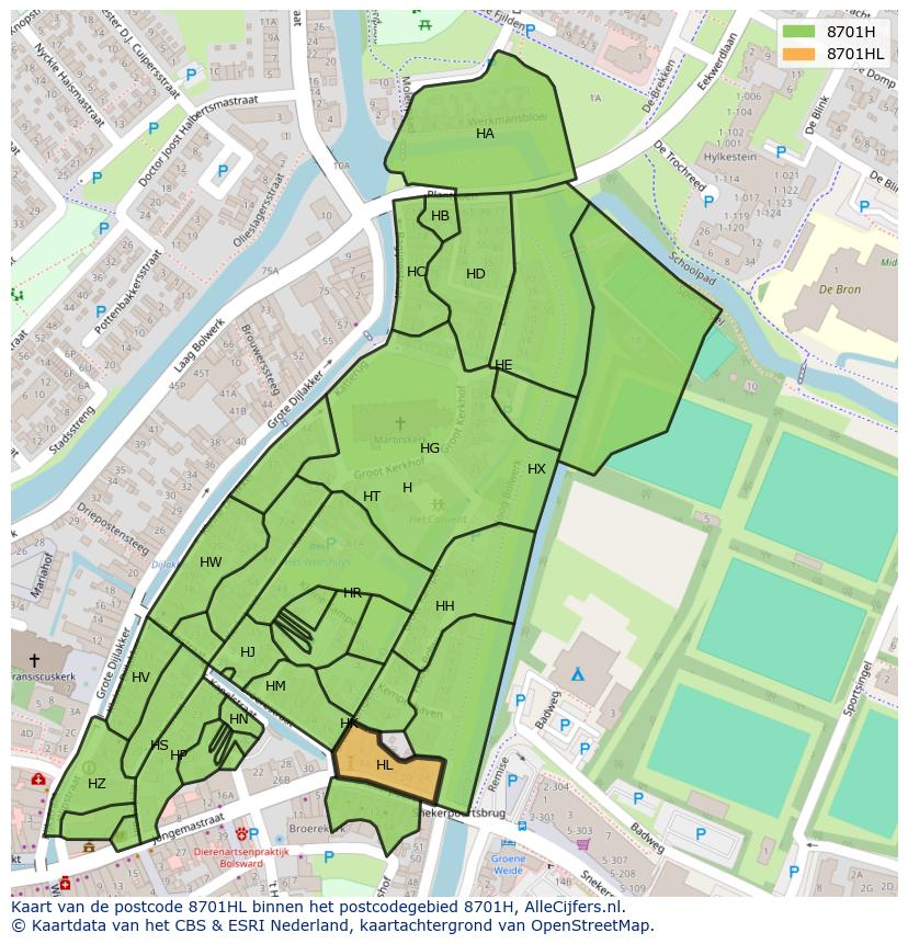 Afbeelding van het postcodegebied 8701 HL op de kaart.