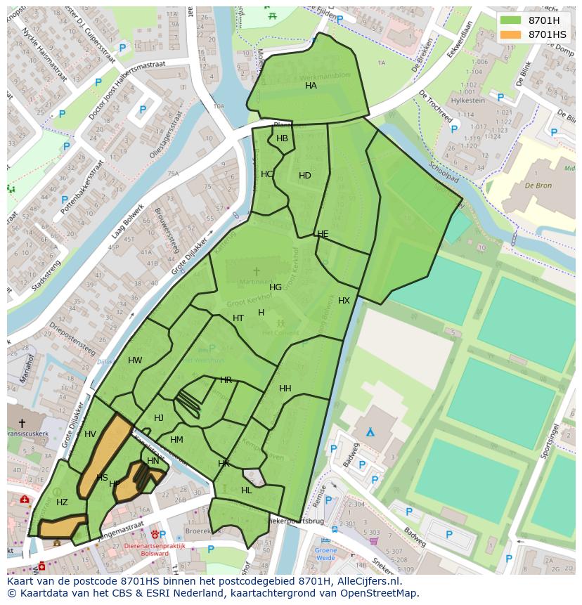Afbeelding van het postcodegebied 8701 HS op de kaart.
