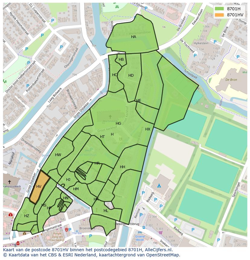 Afbeelding van het postcodegebied 8701 HV op de kaart.