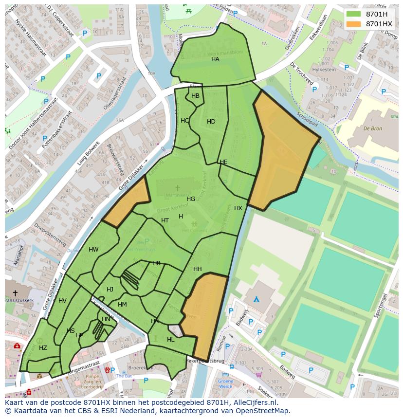 Afbeelding van het postcodegebied 8701 HX op de kaart.