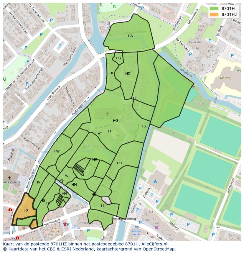 Afbeelding van het postcodegebied 8701 HZ op de kaart.