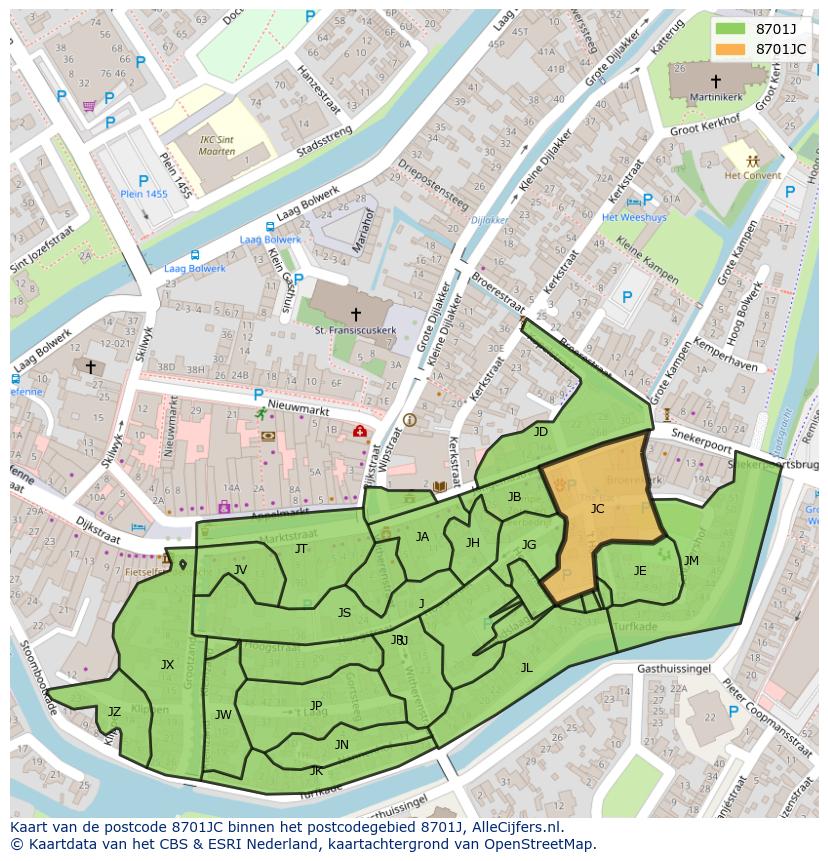 Afbeelding van het postcodegebied 8701 JC op de kaart.