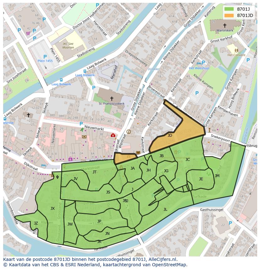 Afbeelding van het postcodegebied 8701 JD op de kaart.