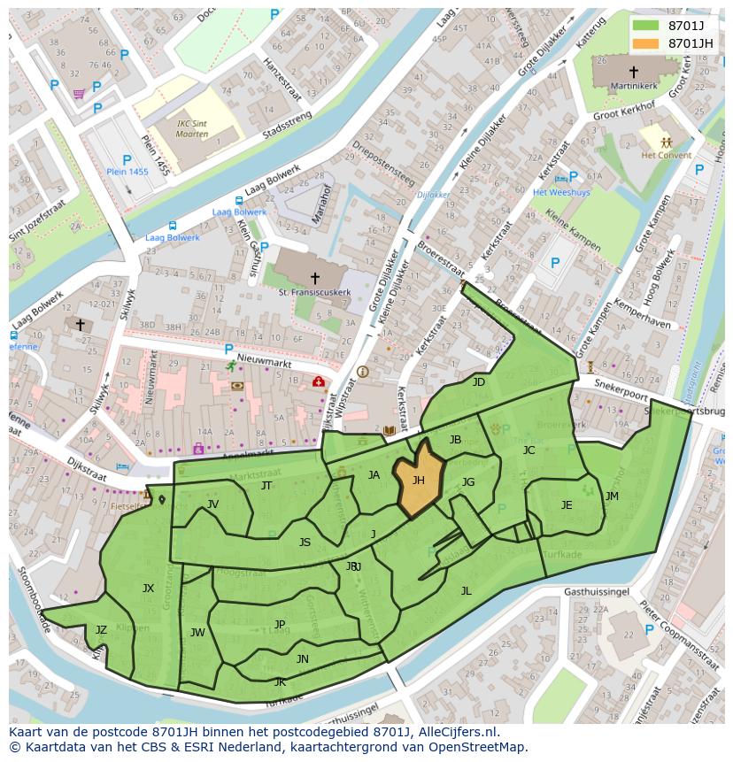 Afbeelding van het postcodegebied 8701 JH op de kaart.