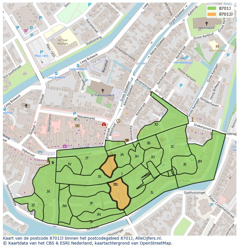 Afbeelding van het postcodegebied 8701 JJ op de kaart.