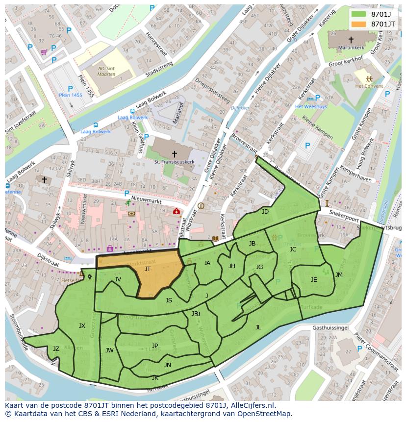 Afbeelding van het postcodegebied 8701 JT op de kaart.