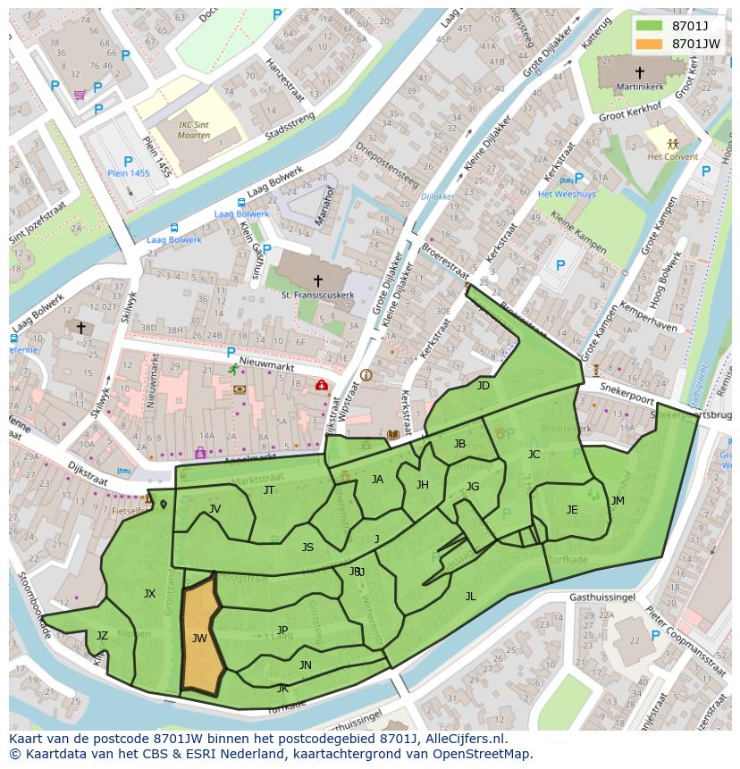 Afbeelding van het postcodegebied 8701 JW op de kaart.