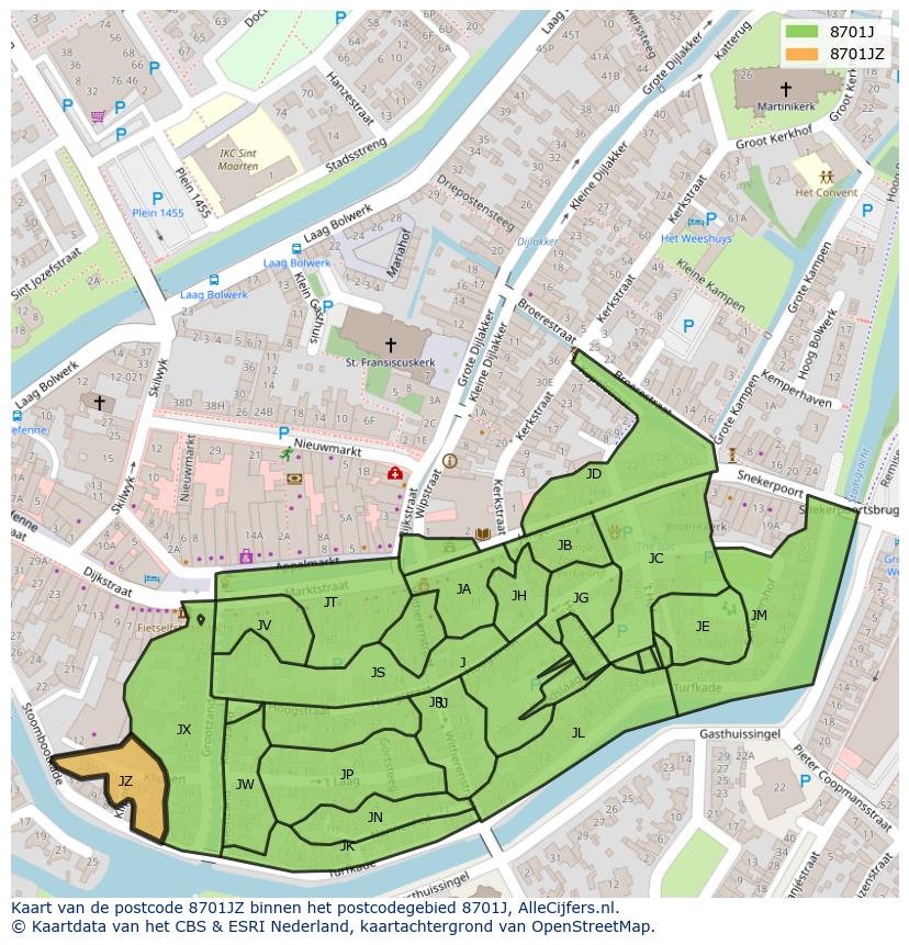 Afbeelding van het postcodegebied 8701 JZ op de kaart.