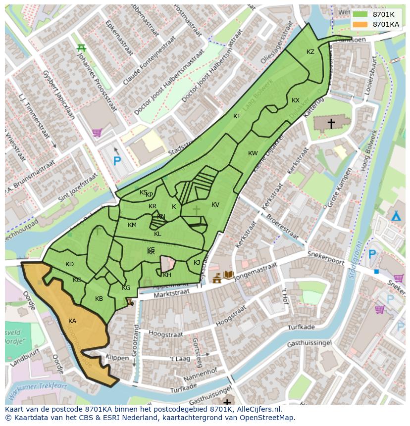 Afbeelding van het postcodegebied 8701 KA op de kaart.