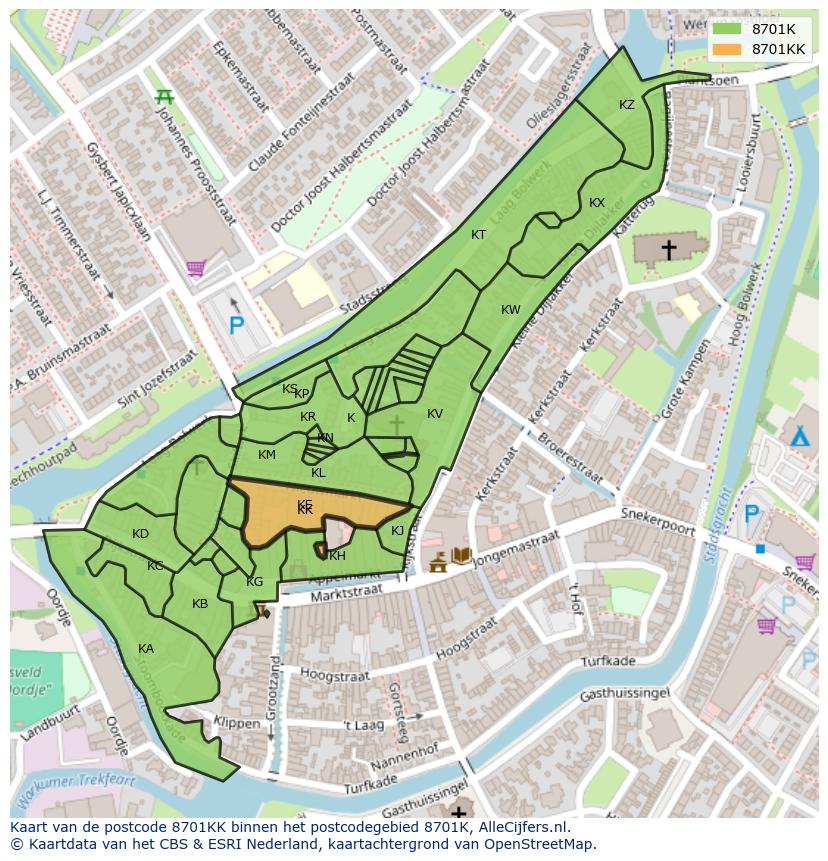 Afbeelding van het postcodegebied 8701 KK op de kaart.