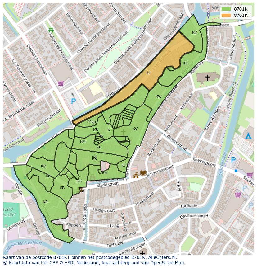 Afbeelding van het postcodegebied 8701 KT op de kaart.