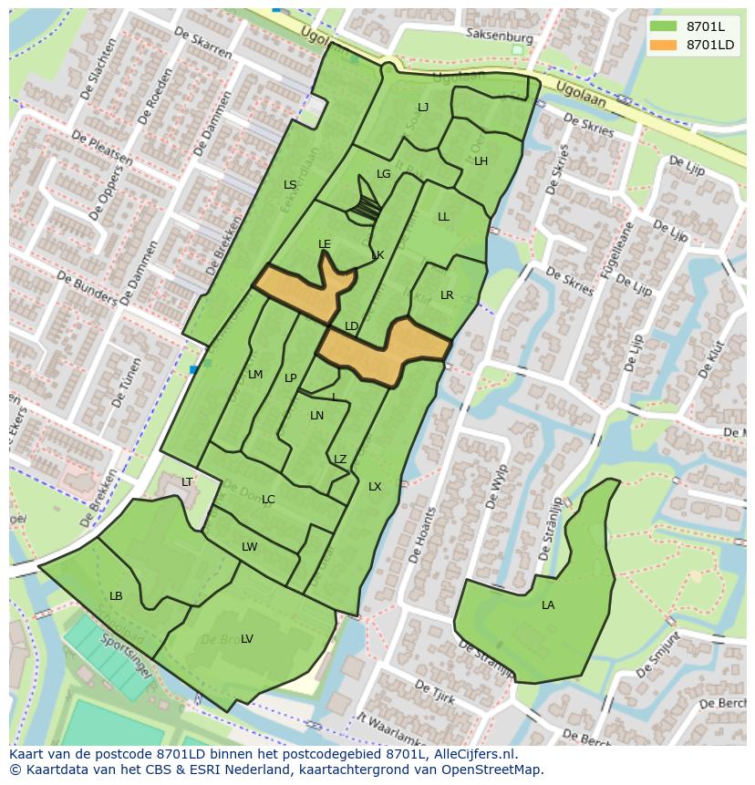Afbeelding van het postcodegebied 8701 LD op de kaart.