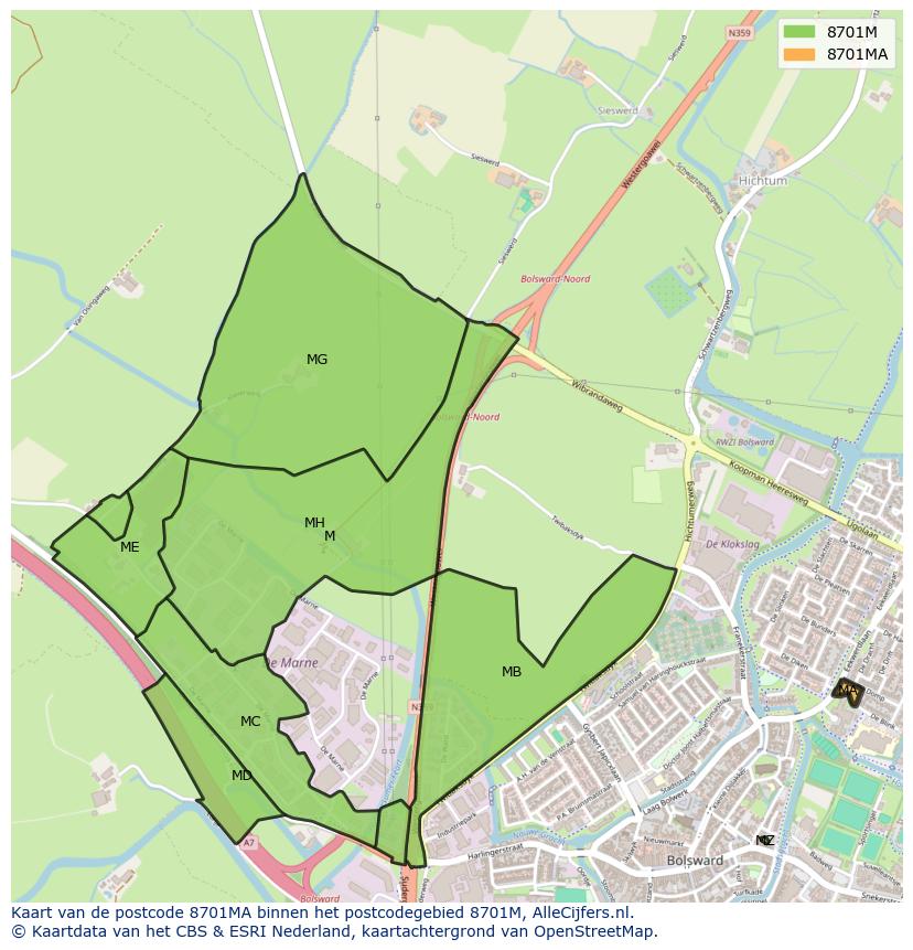Afbeelding van het postcodegebied 8701 MA op de kaart.