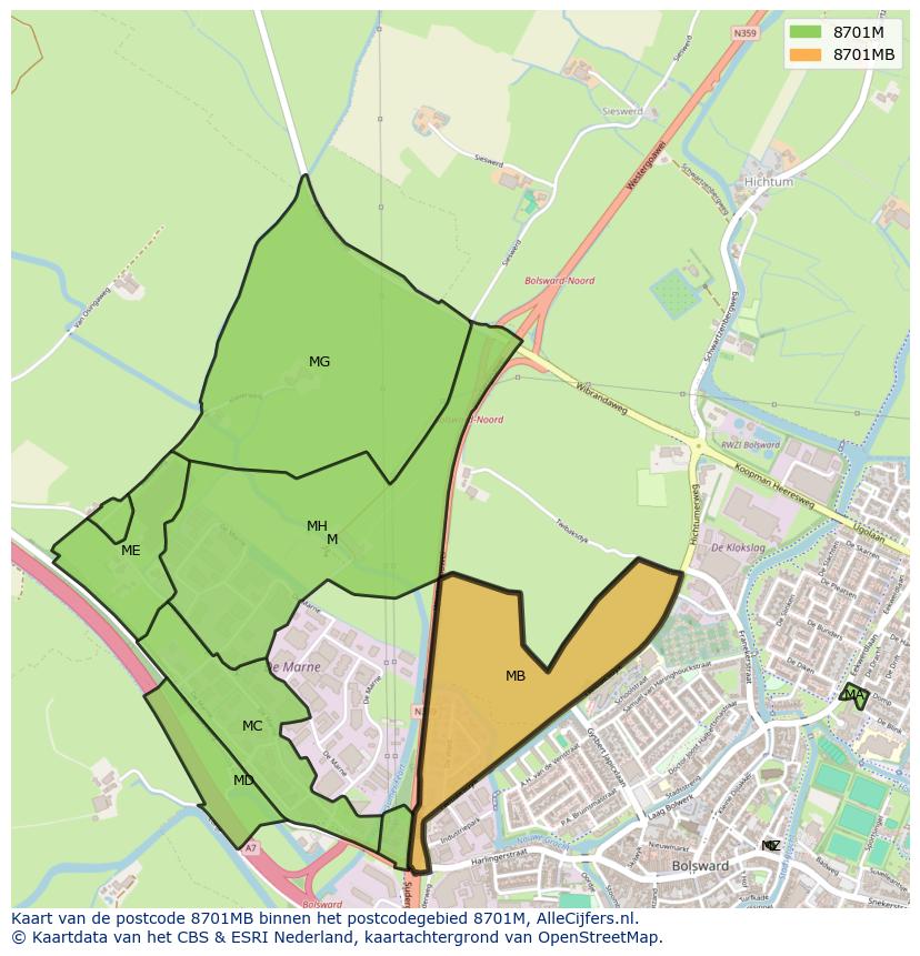 Afbeelding van het postcodegebied 8701 MB op de kaart.