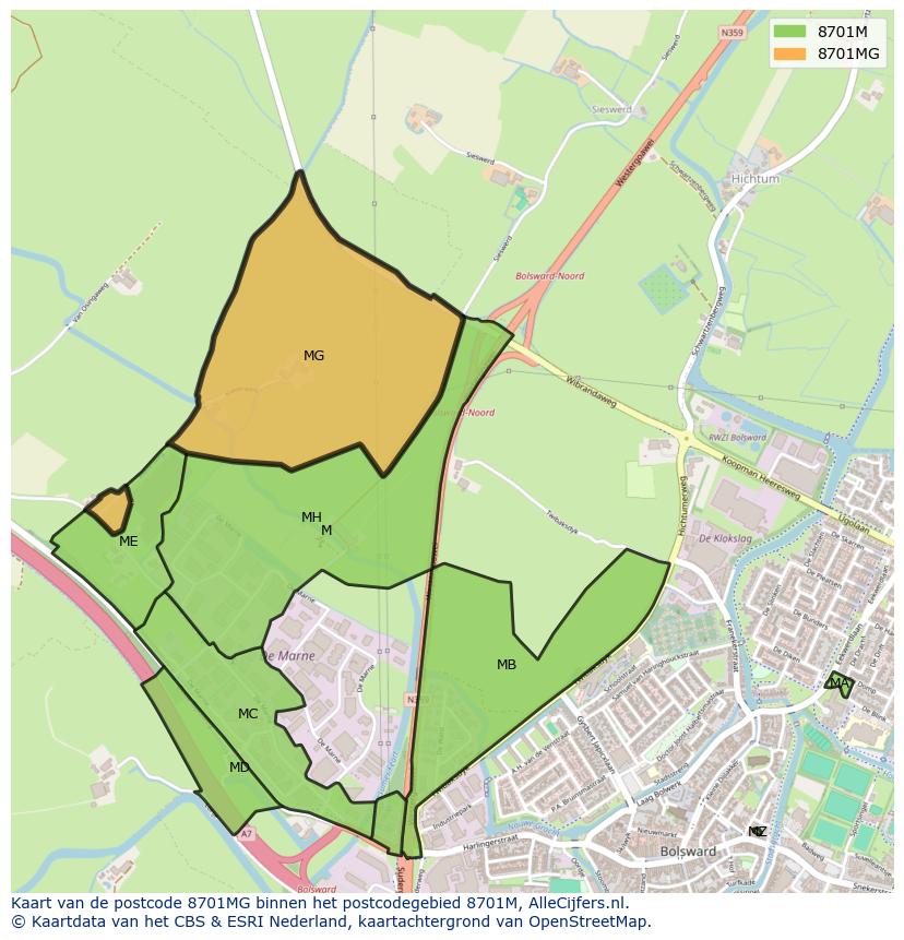 Afbeelding van het postcodegebied 8701 MG op de kaart.
