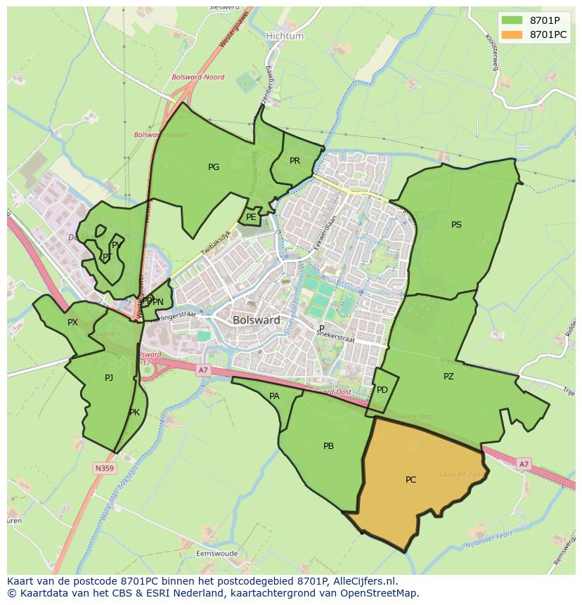 Afbeelding van het postcodegebied 8701 PC op de kaart.
