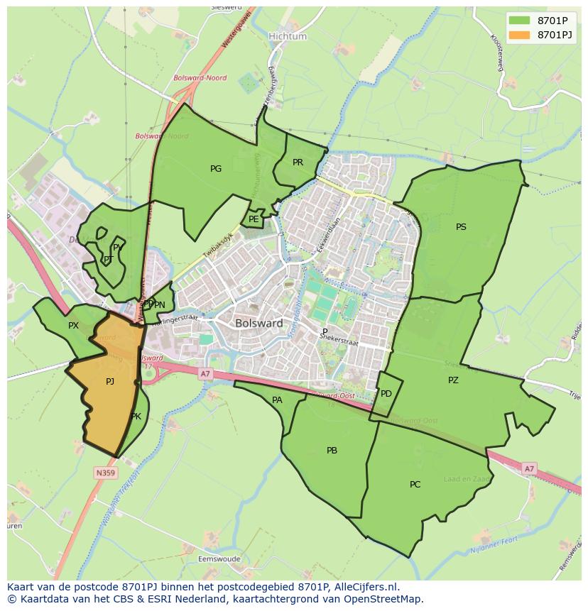 Afbeelding van het postcodegebied 8701 PJ op de kaart.