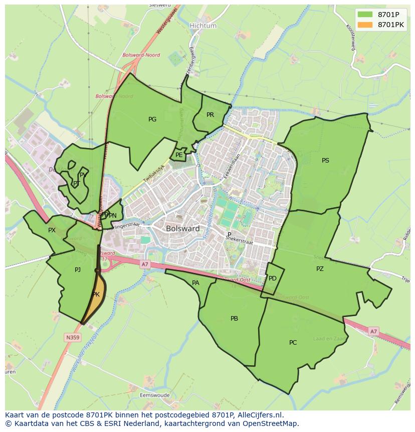 Afbeelding van het postcodegebied 8701 PK op de kaart.