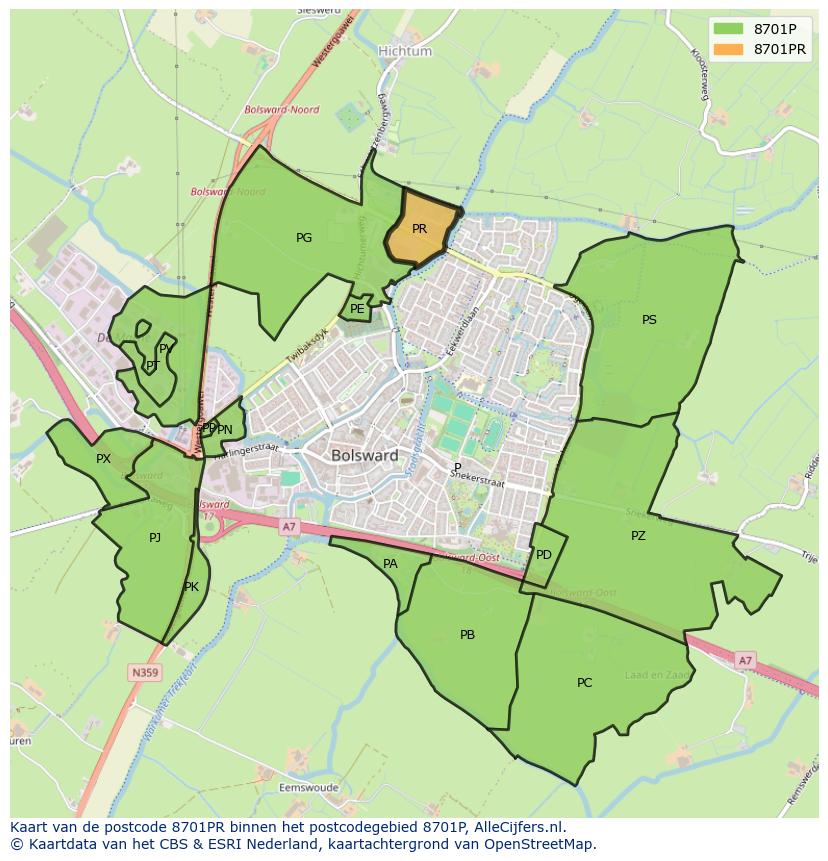 Afbeelding van het postcodegebied 8701 PR op de kaart.