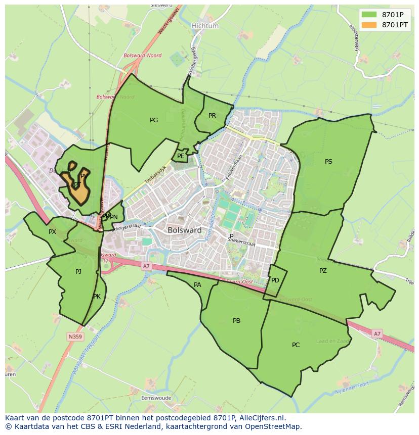 Afbeelding van het postcodegebied 8701 PT op de kaart.