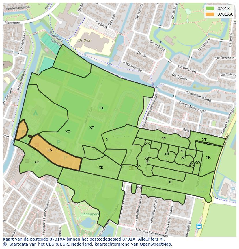 Afbeelding van het postcodegebied 8701 XA op de kaart.