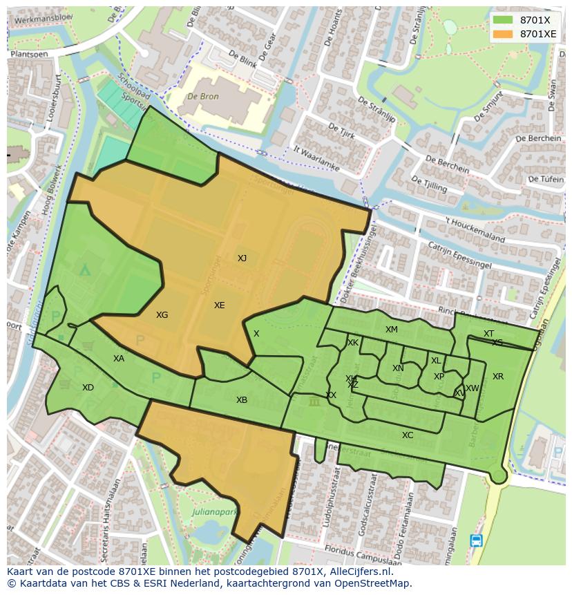 Afbeelding van het postcodegebied 8701 XE op de kaart.
