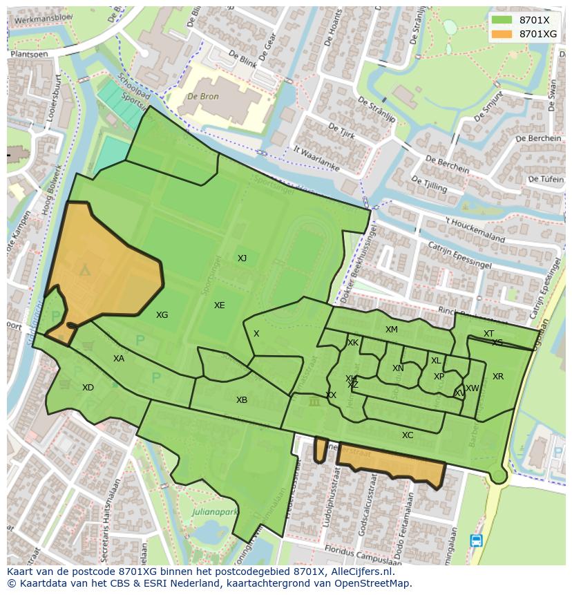 Afbeelding van het postcodegebied 8701 XG op de kaart.