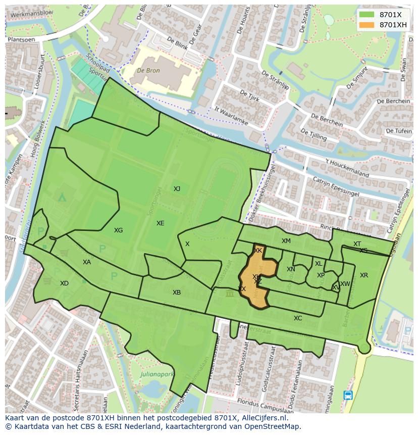 Afbeelding van het postcodegebied 8701 XH op de kaart.