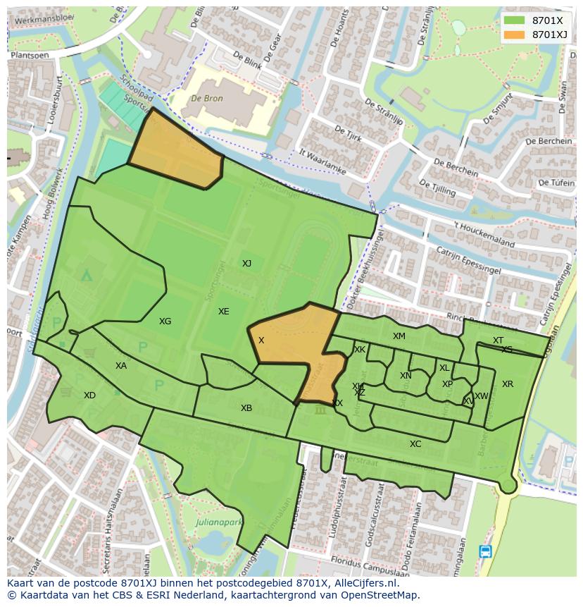 Afbeelding van het postcodegebied 8701 XJ op de kaart.