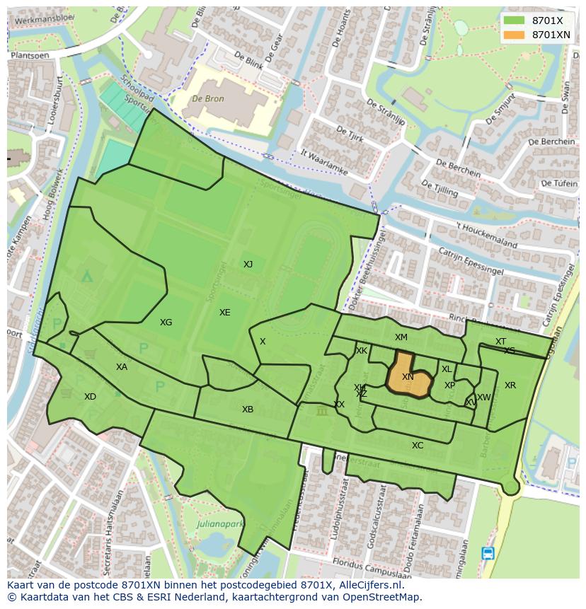Afbeelding van het postcodegebied 8701 XN op de kaart.