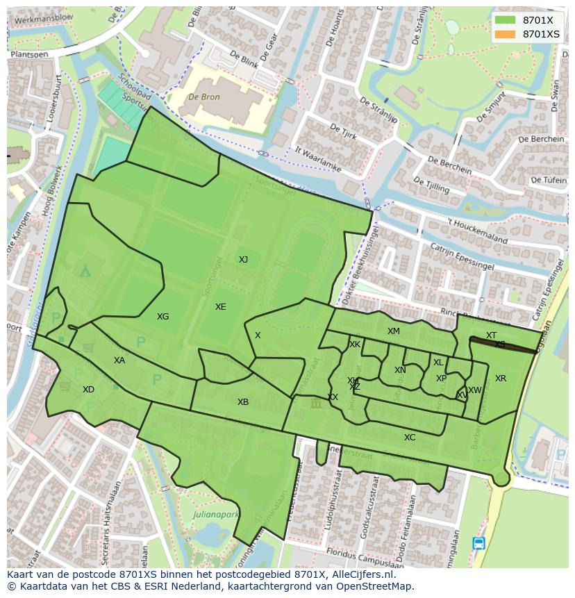 Afbeelding van het postcodegebied 8701 XS op de kaart.