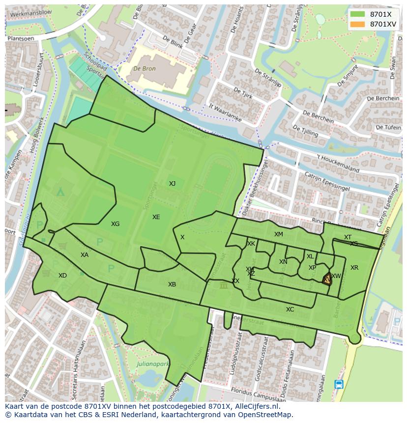 Afbeelding van het postcodegebied 8701 XV op de kaart.