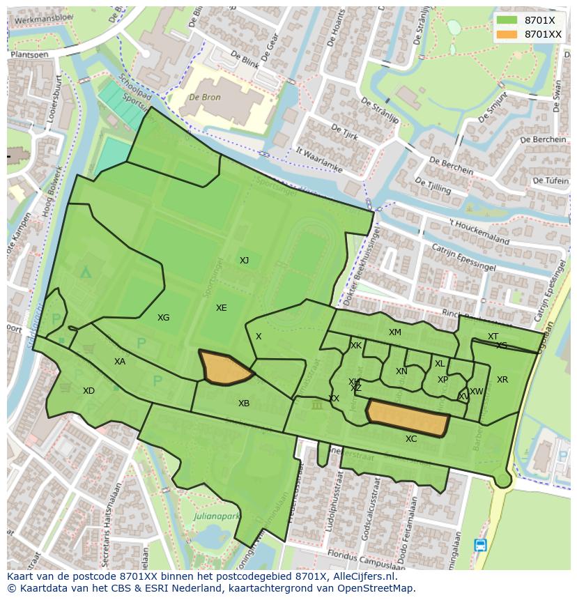 Afbeelding van het postcodegebied 8701 XX op de kaart.