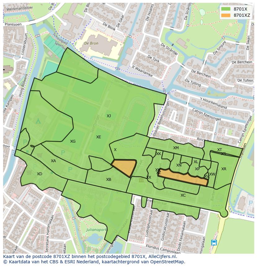 Afbeelding van het postcodegebied 8701 XZ op de kaart.