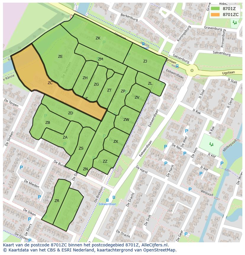 Afbeelding van het postcodegebied 8701 ZC op de kaart.